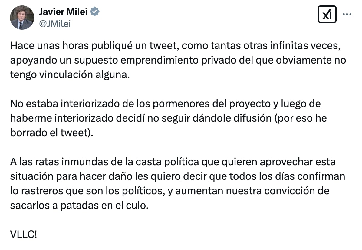 Javier Milei se arrepintió de promocionar la criptomoneda $Libra