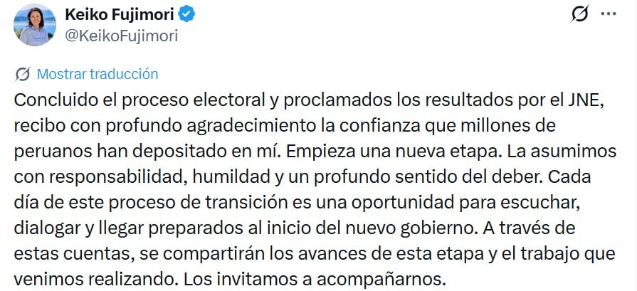 El mensaje de Keiko Fujimori como virtual presidenta de Perú
