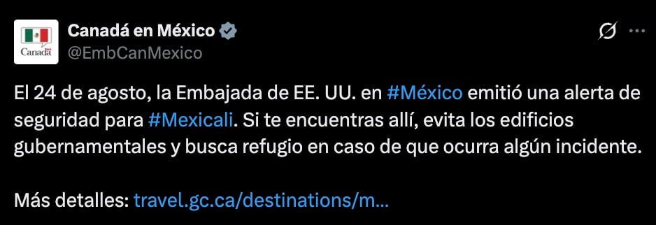 Canadá se suma a alerta de Estados Unidos en Mexicali