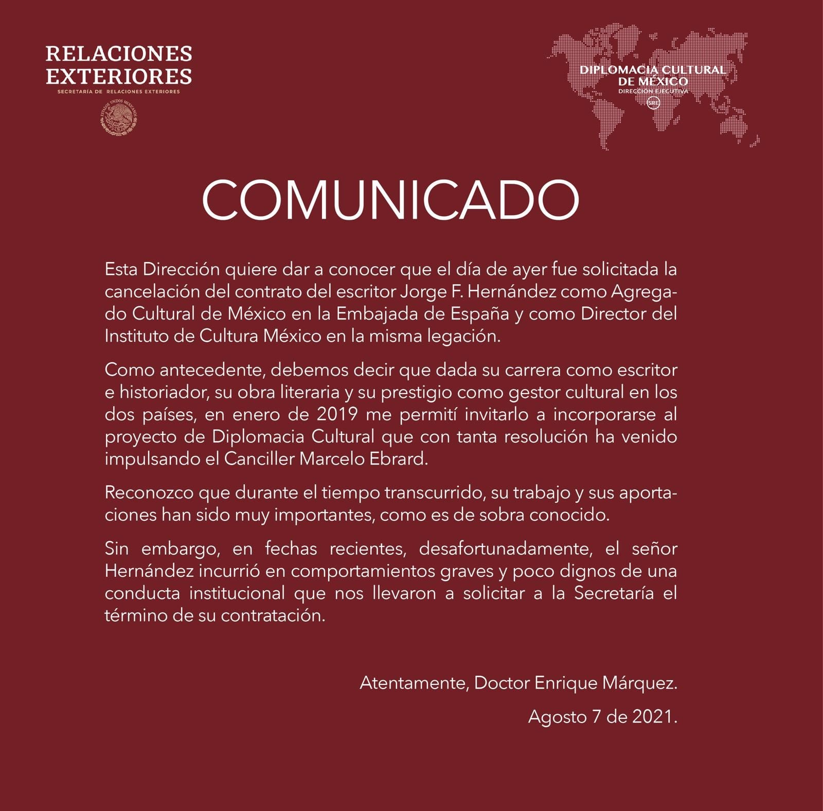 Comunicado de la Dirección Cultural de la SRE