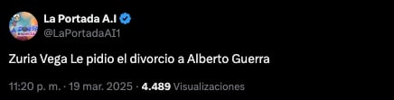 Zuria Vega le habría pedido el divorcio a Alberto Guerra