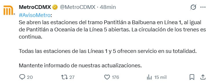 Reanudan servicio en Línea 1 y 5 del Metro