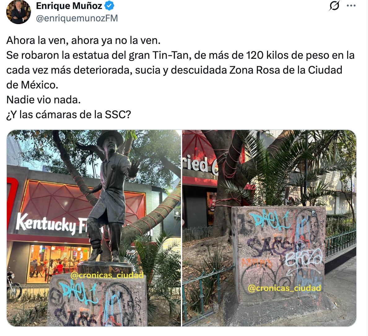 Denuncian robo de la estatua de Tin-Tan en la Zona Rosa de CDMX