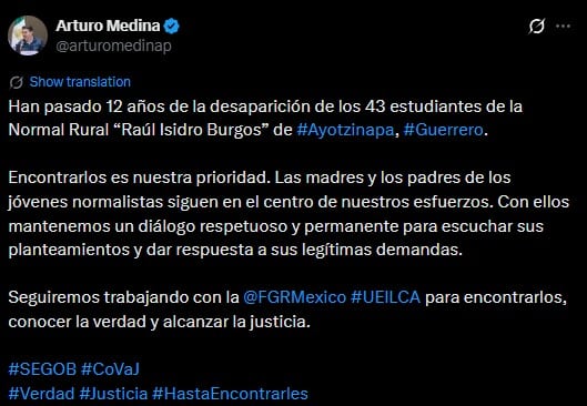 Arturo Medina asegura que encontrar a los 43 normalistas de Ayotzinapa sigue siendo su prioridad