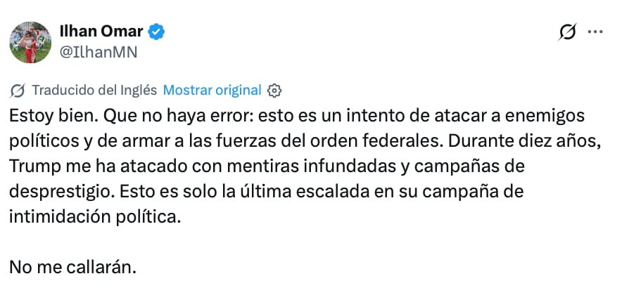 Ilhan Omar señala que allanamiento a su vivienda es una forma de intimidación