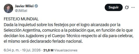 Javier Milei anuncia día feriado por la selección de Argentina.