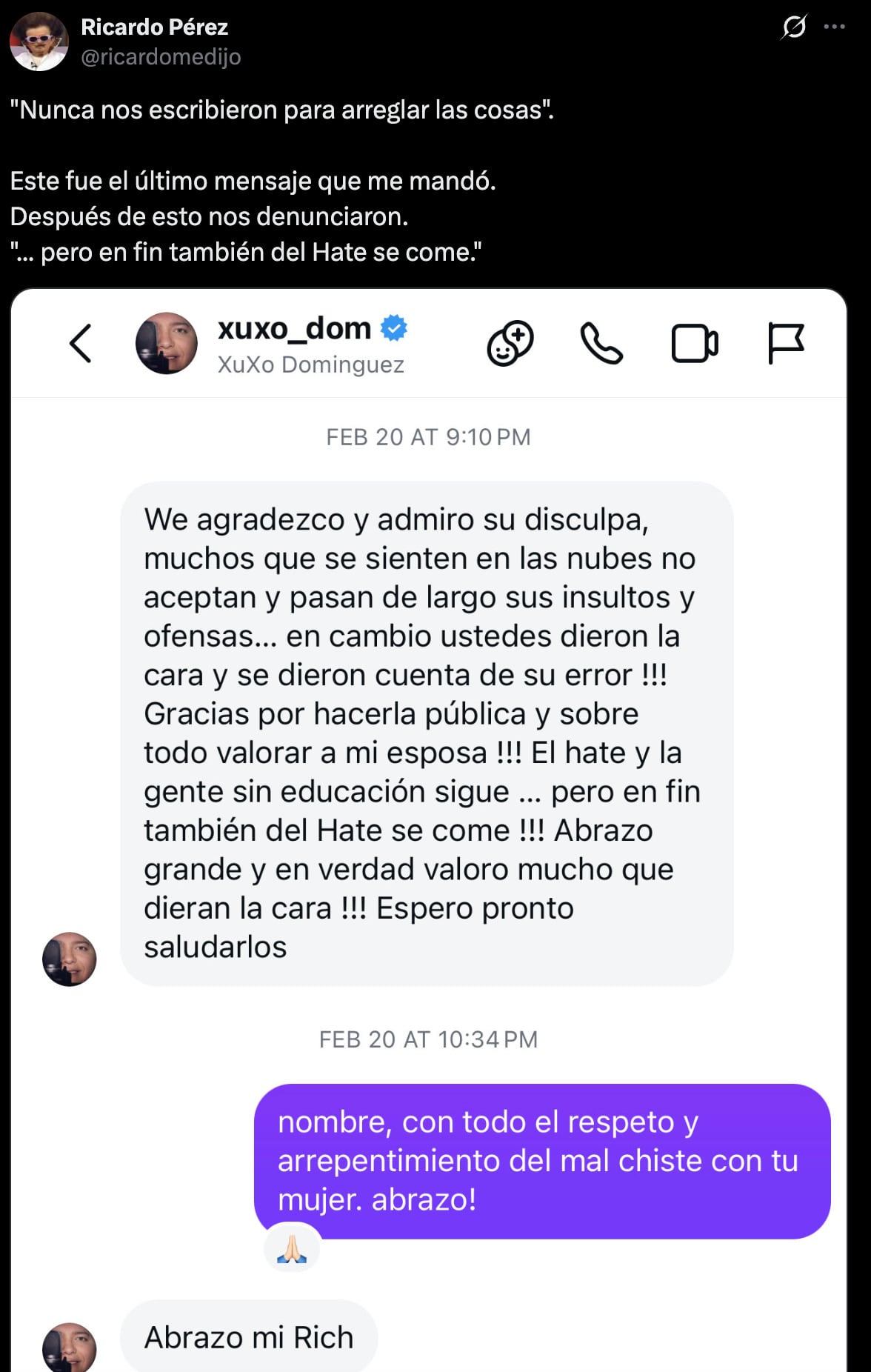 Ricardo Pérez exhibe el último mensaje que le envió Xuxo Dom previo a la demanda de Jesica Bustos