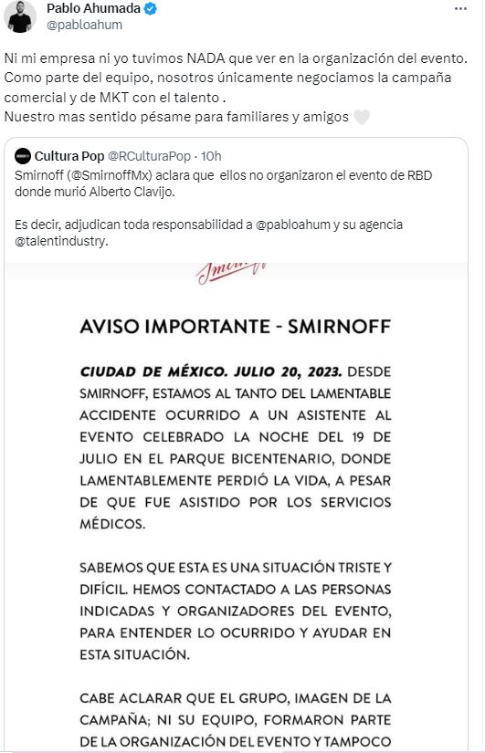 Pablo Ahumada se deslinda de la muerte de Alberto Clavijo en evento de RBD.