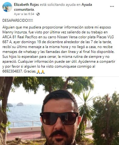 Manny Inzunza, reporte de desaparición