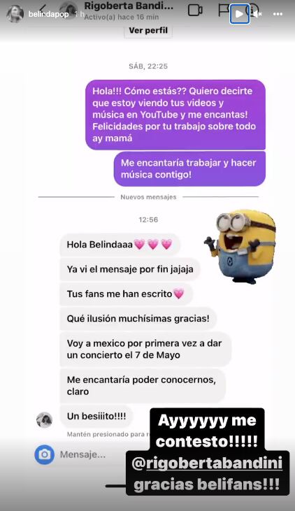 Belinda presume mensaje de Rigoberta Bandini