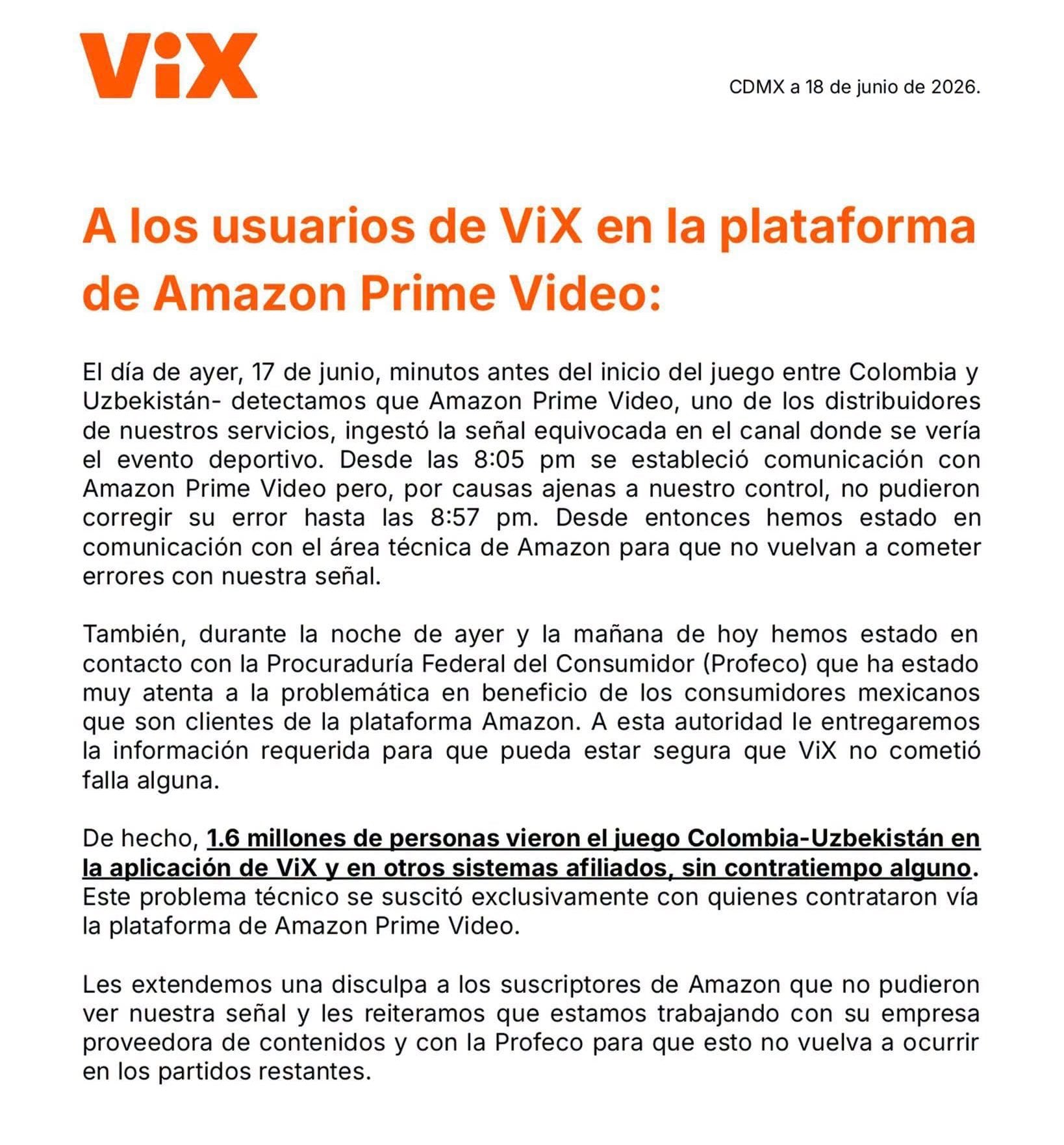 Comunicado de ViX sobre falla en la transmisión Colombia vs Uzbekistán.
