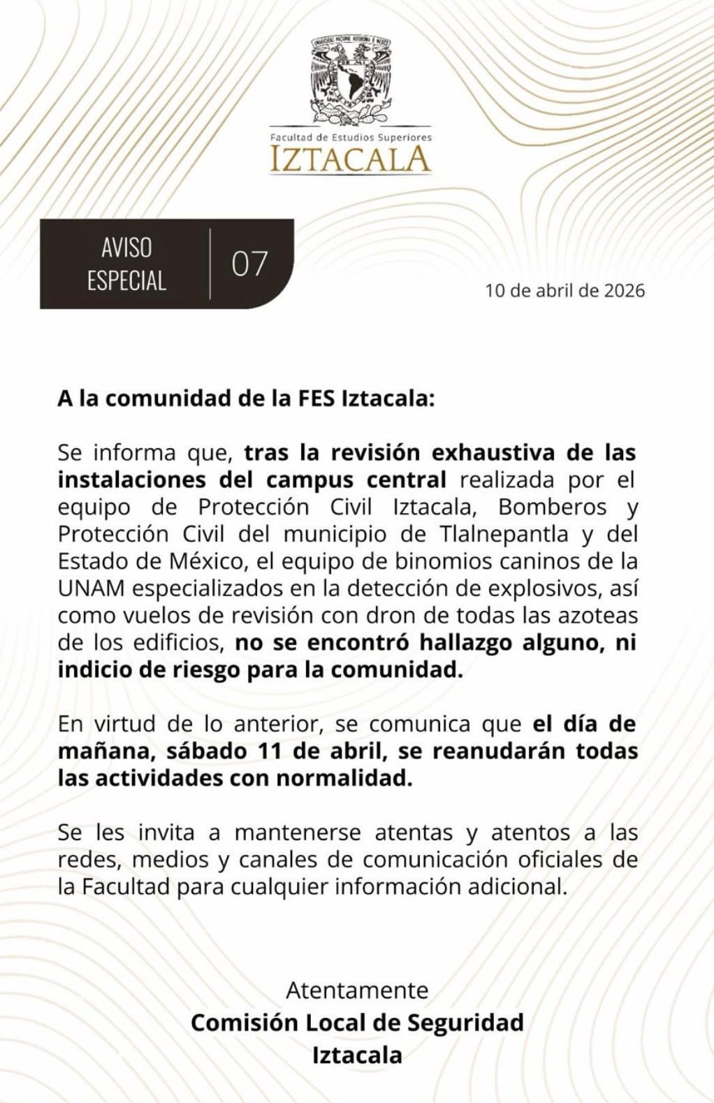 FES Iztacala reanuda actividades tras amenaza de bomba