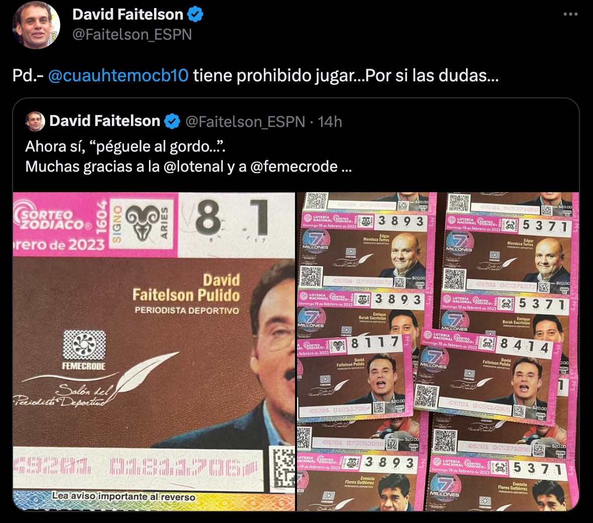 David Faitelson en billete de la Lotería Nacional