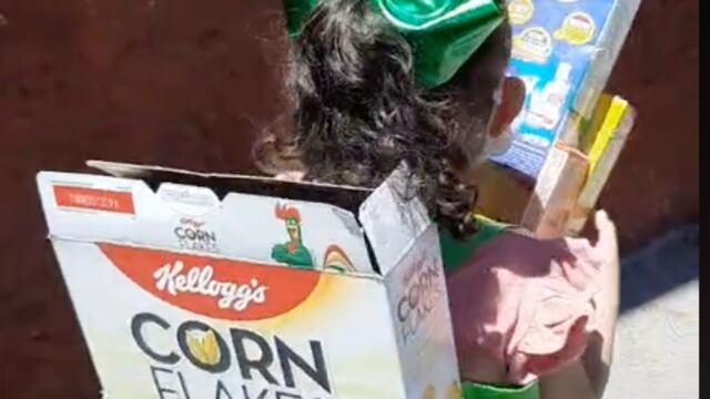 Niña disfrazada de bolsa de mandado