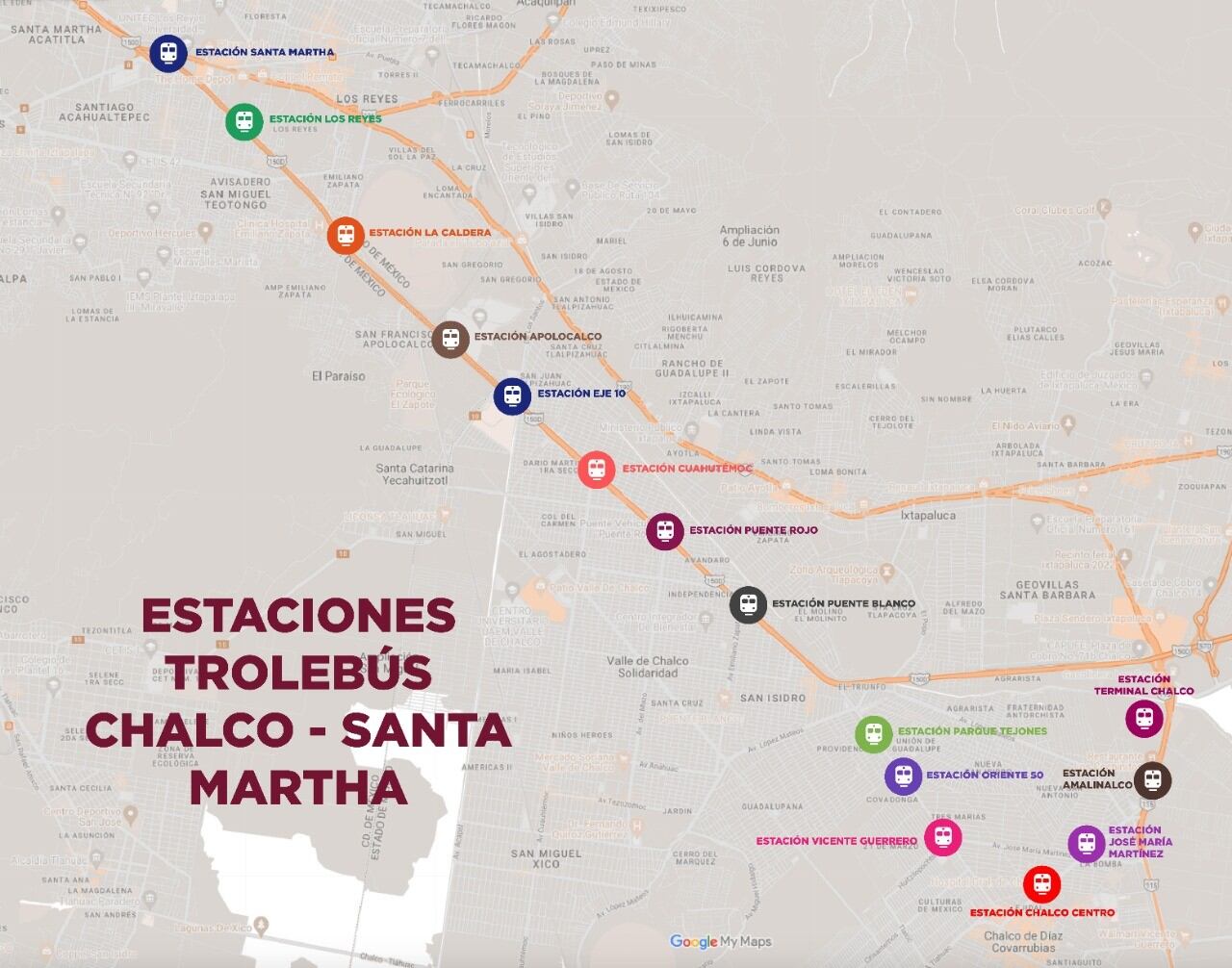 Ruta de las estaciones del trolebús Chalco-Santa Martha