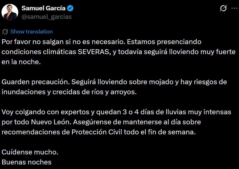 Samuel García alerta por lluvias intensas en Nuevo León durante los próximos días