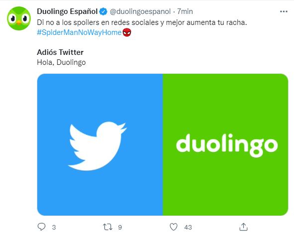 Duolingo aprovecha el Adios a Twitter para evitar spoilers de Spider-Man: No Way Home