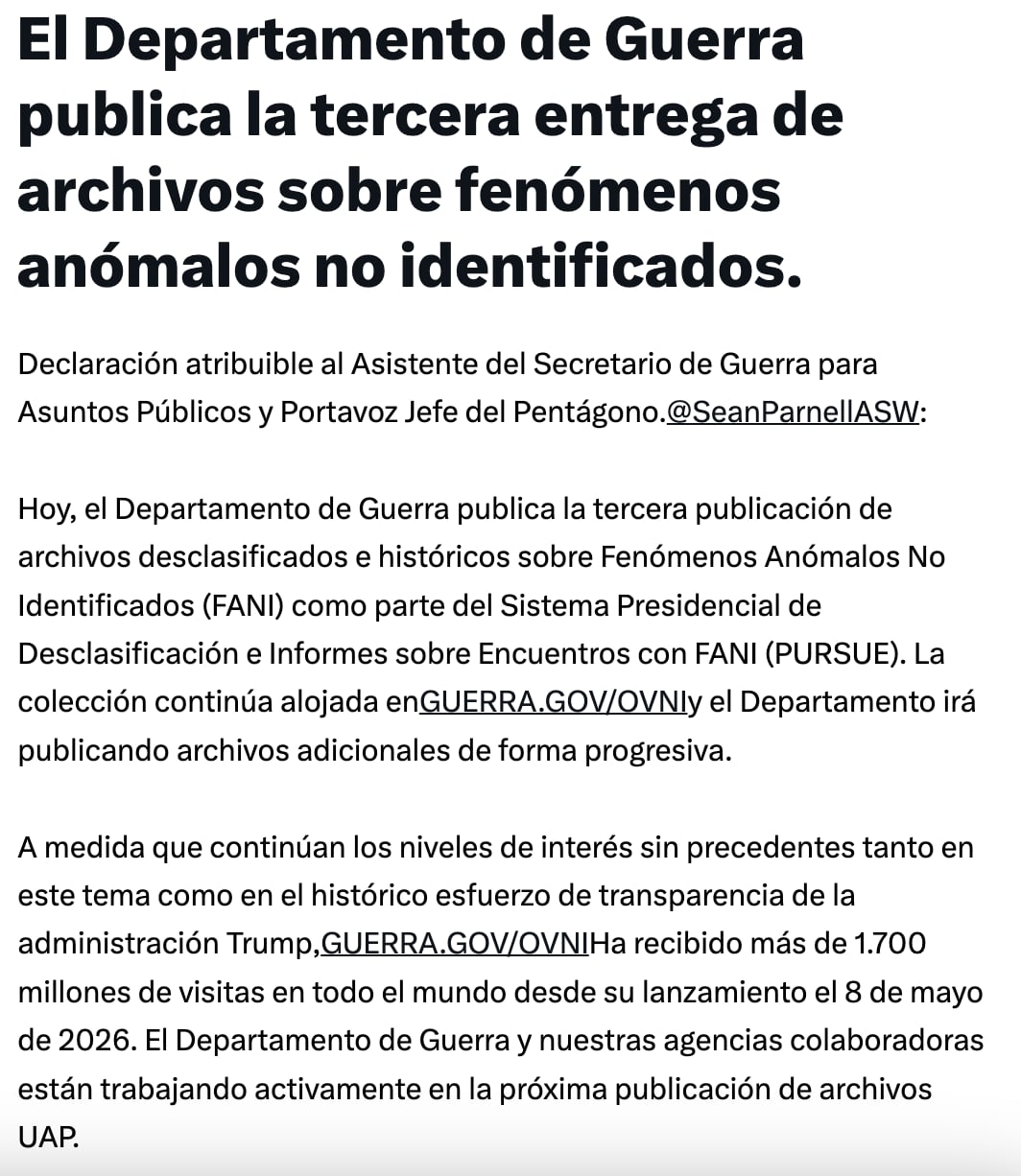 El Departamento de Guerra desclasifica el tercer lote de archivos extraterrestres