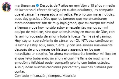 Mauricio Martínez revela que tiene diagnóstico de cáncer por quinta vez.