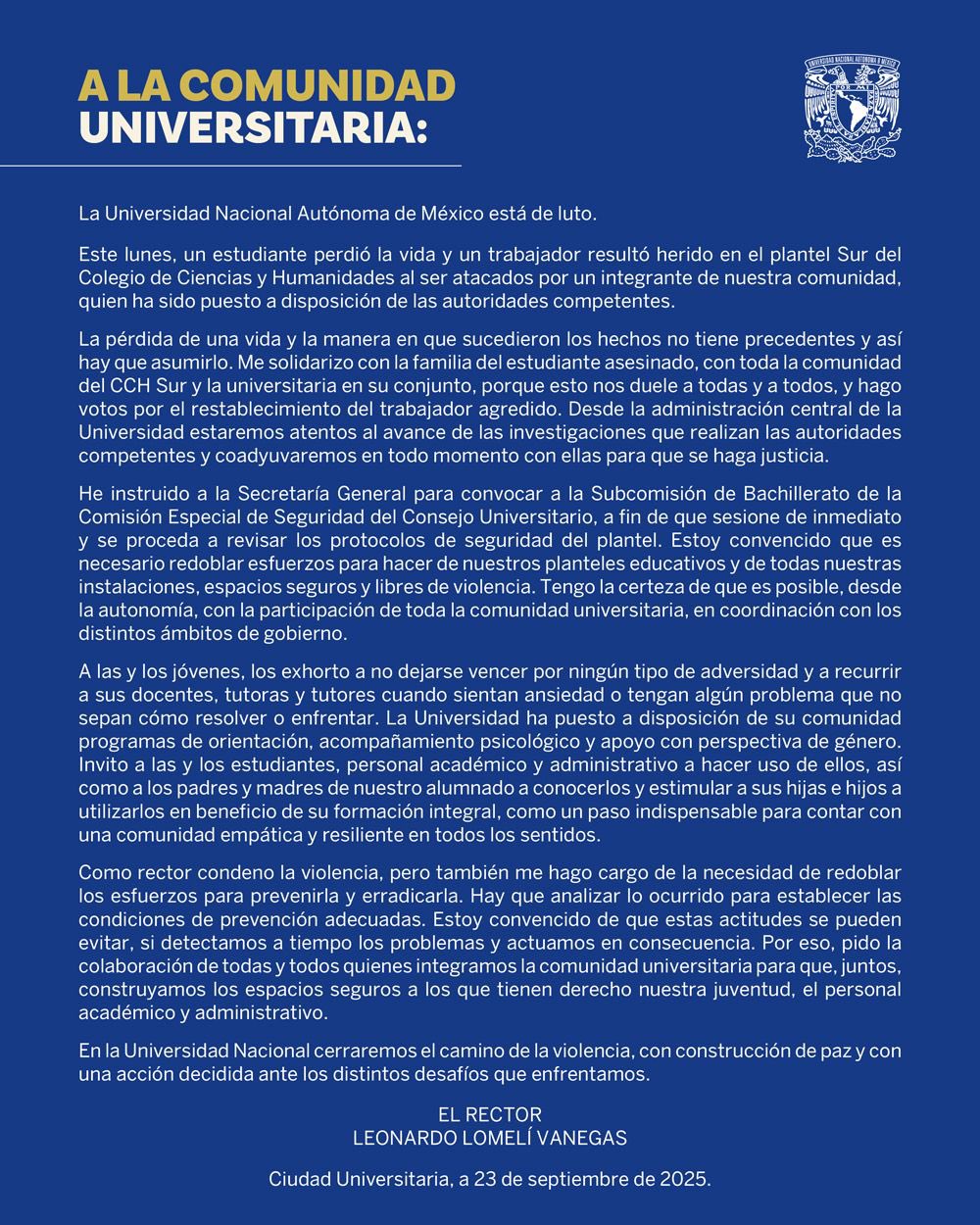 Rector de la UNAM llama a reforzar protocolos de seguridad en CCH Sur