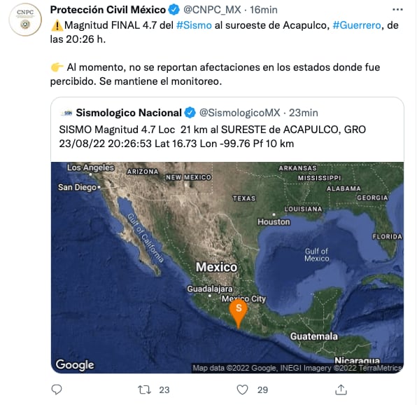 Sismo de hoy que se sintió en la CDMX, fue de 4.7, afirma Protección Civil