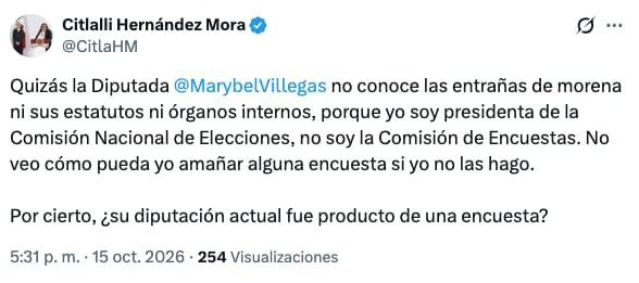 Citlalli Hernández responde a Marybel Villegas