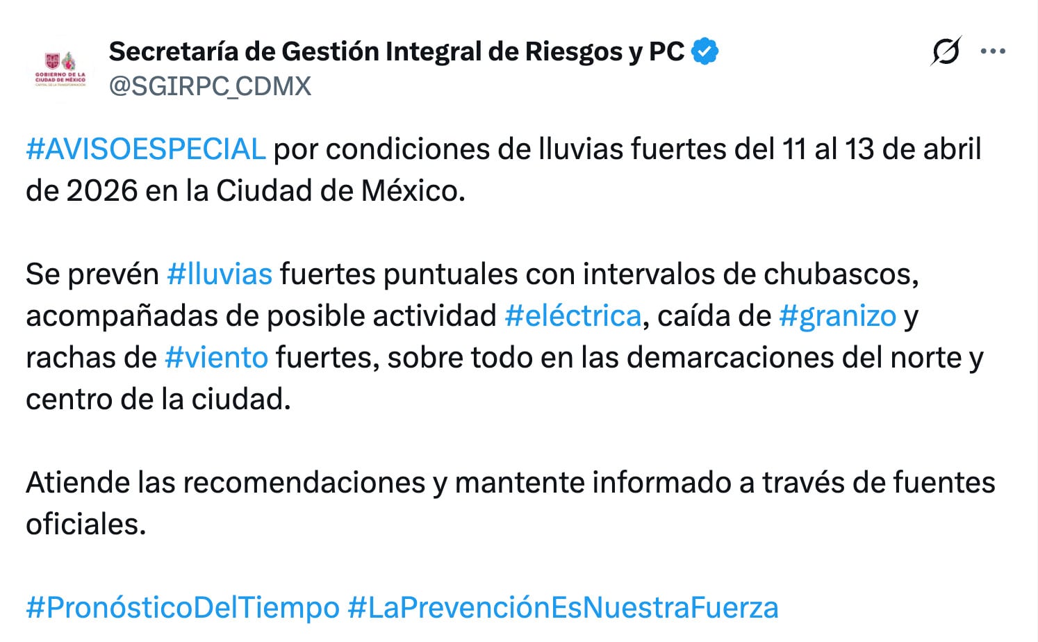 Clima en CDMX espera lluvias y granizo del 11 al 13 de abril
