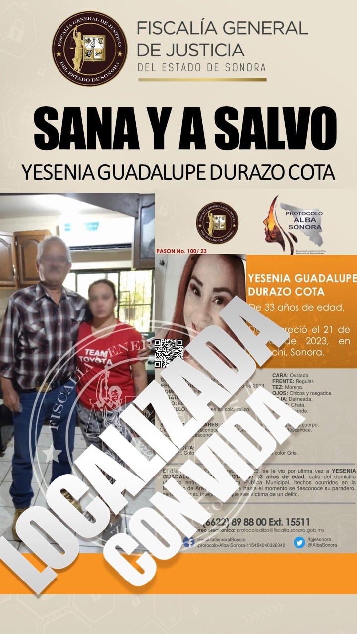 YESENIA GUADALUPE DURAZO FUE LOCALIZADA CON VIDA