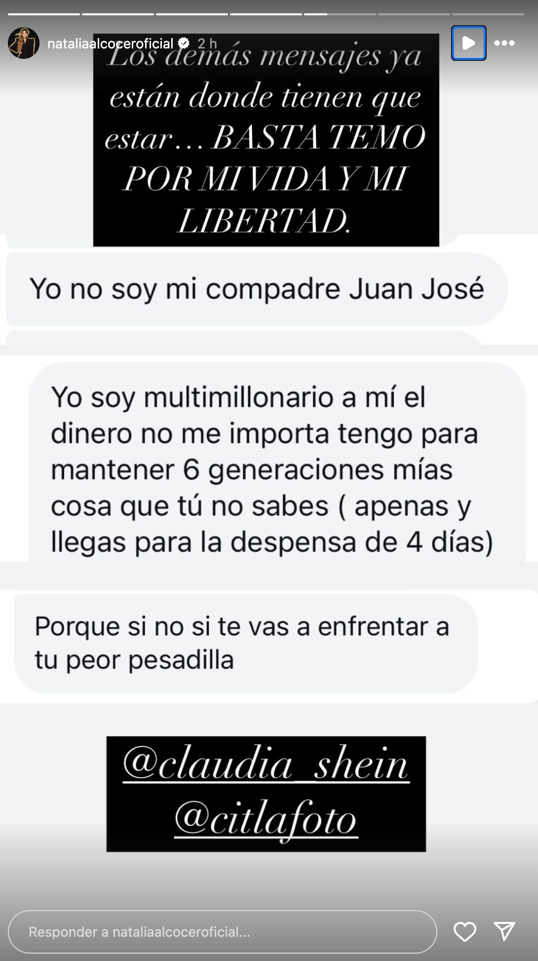 Natalia Alcocer muestra los mensajes de amenaza del compadre de Juan José Chimal