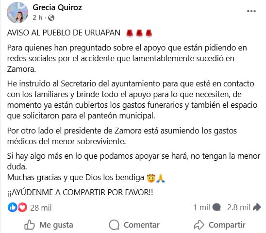 Grecia Quiroz ofrece apoyo a Zamora tras accidente con unidad de la Guardia Nacional