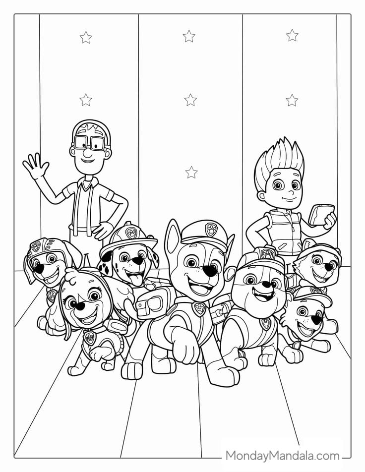 Dibujos del equipo completo de Paw Patrol para imprimir y colorear por el Día del Peluquero Canino