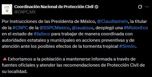 Protección Civil despliega Misión ECO en Jalisco ante tormenta tropical Simón