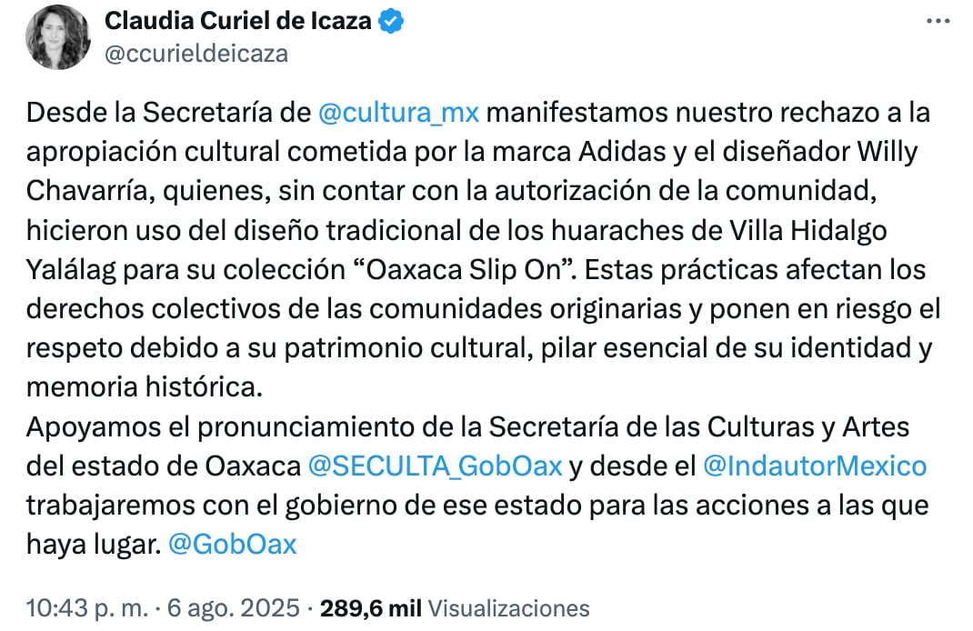 Claudia Curiel de Icaza acusa apropiación cultural de huaraches Adidas slip on