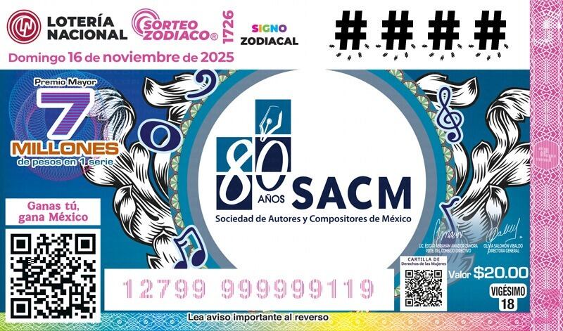 Billete conmemorativo de Lotería Nacional dedicado a la Sociedad de Autores y Compositores de México.