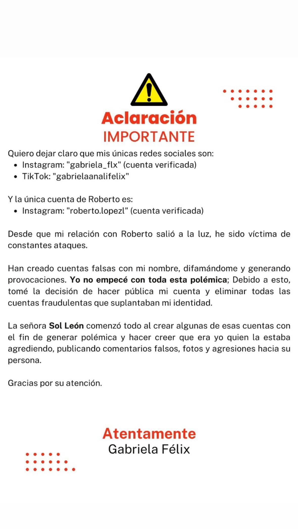 Gabriela Félix reacciona a la polémica de Sol León y Roberto López.