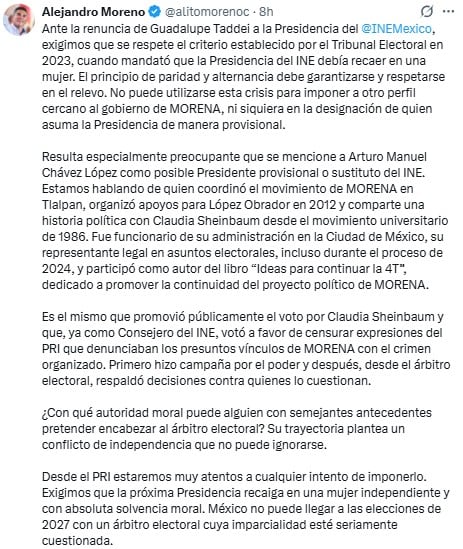 Alejandro Moreno rechaza a Arturo Chávez y exige una mujer al frente del INE