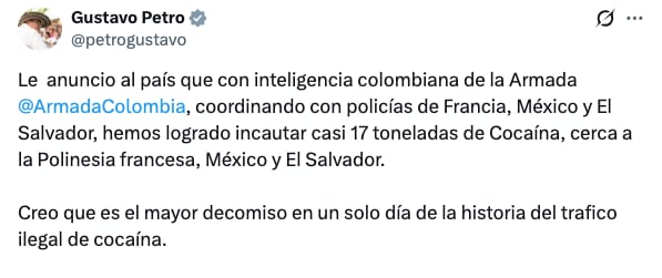 Petro anuncia el mayor decomiso de droga en el que ha participado Colombia