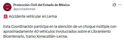 Protección Civil del Estado de México acude a auxiliar tras choque en Libramiento Bicentenario.