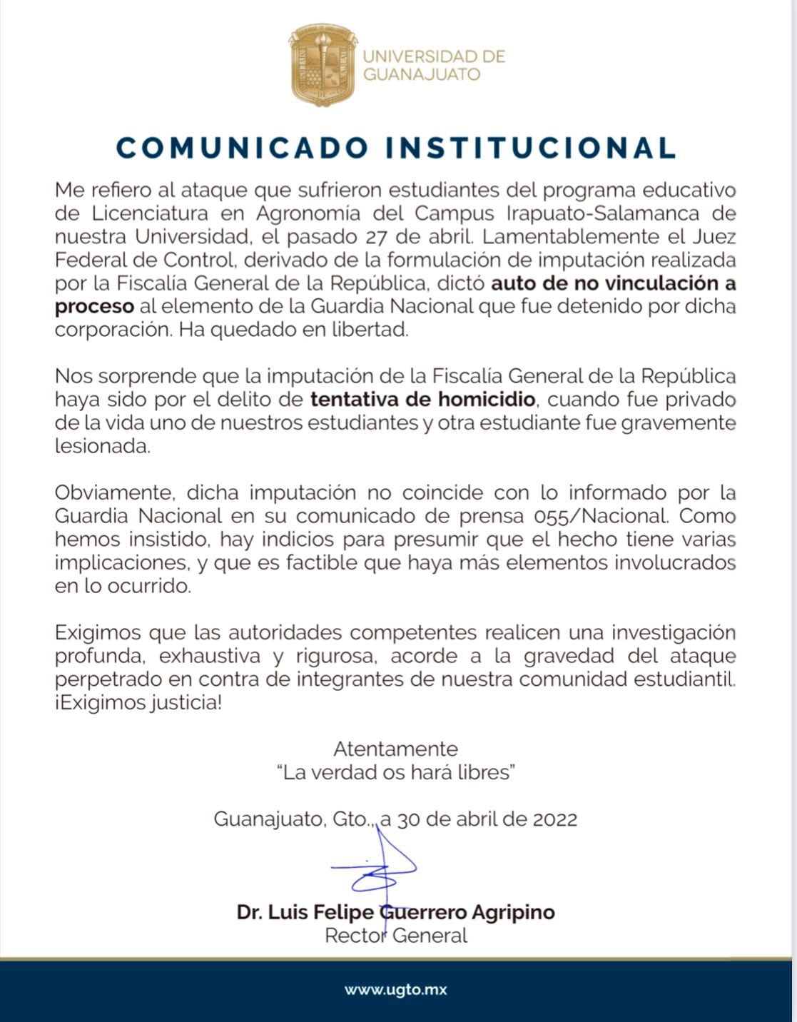 Comunicado de la UG