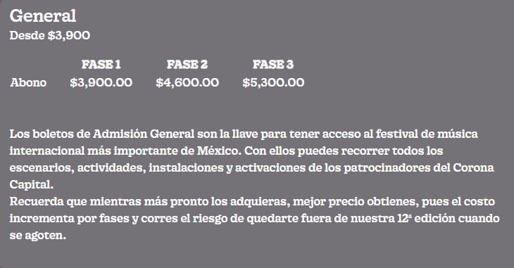 Costo por fase de los abonos para el Corona Capital 2022