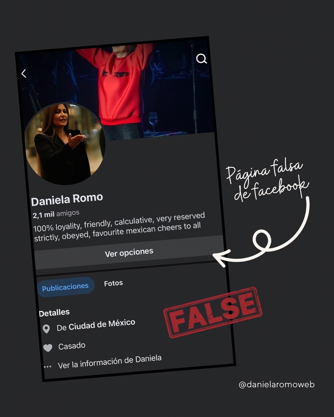 Daniela Romo alerta del perfil falso en Facebook.