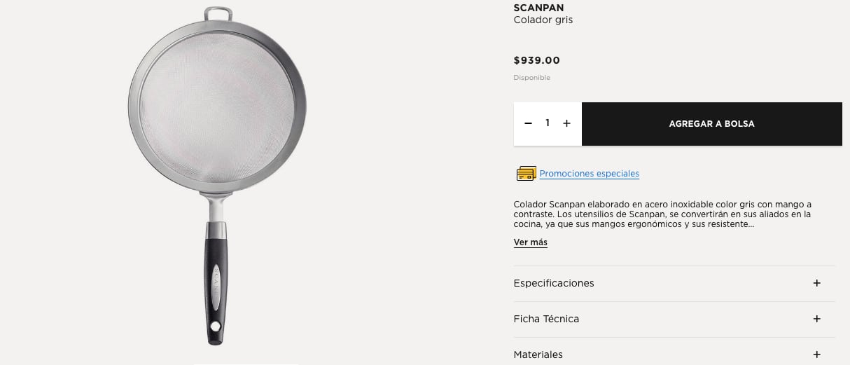 El colador gris marca SCANPAN tiene costo arriba del salario mínimo
