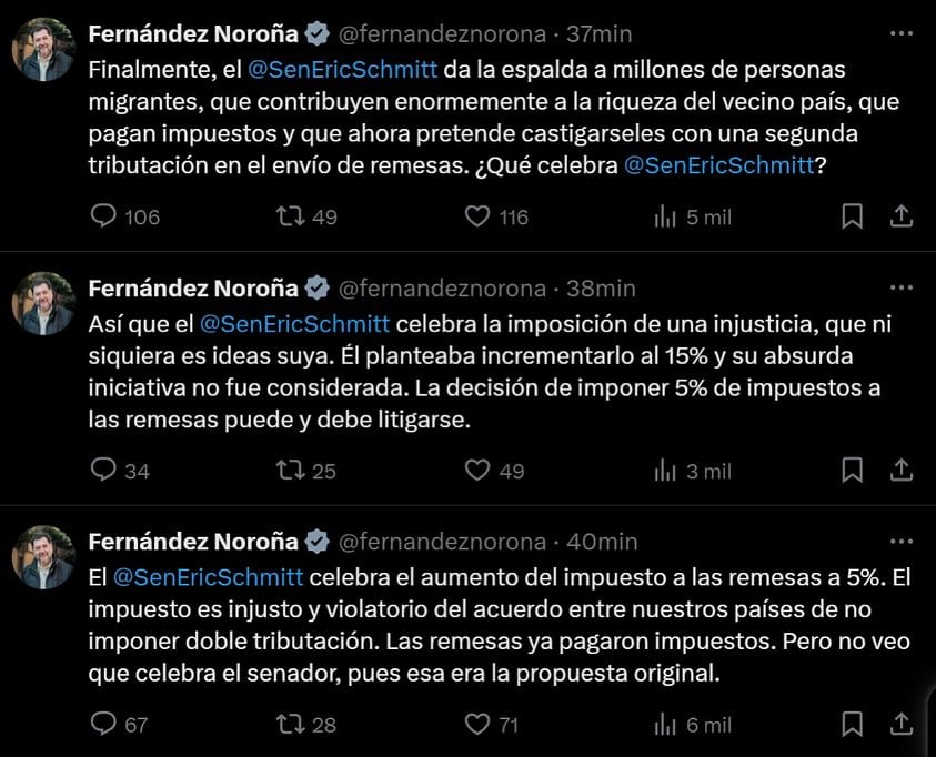 Noroña responde a Eric Schmitt