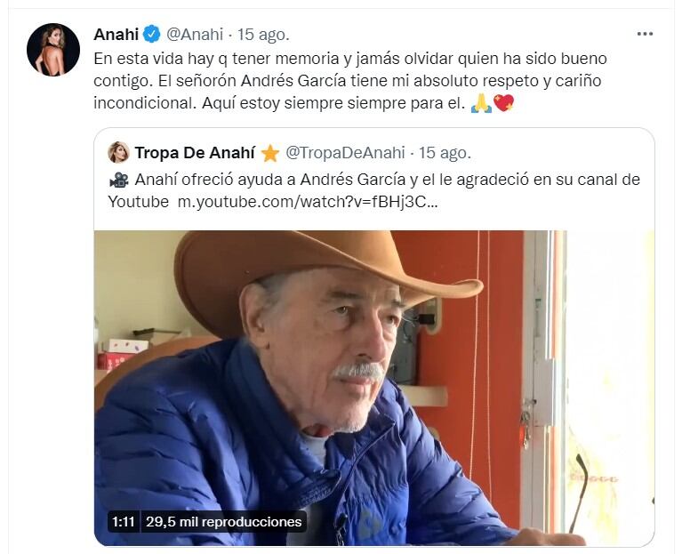 Tuit de Anahí sobre Andrés García