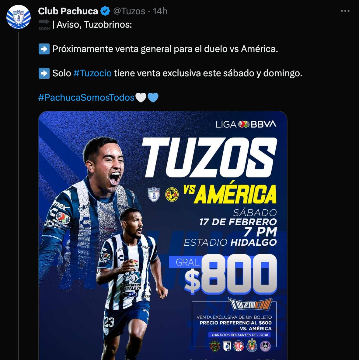 Pachuca boletos para juego vs América