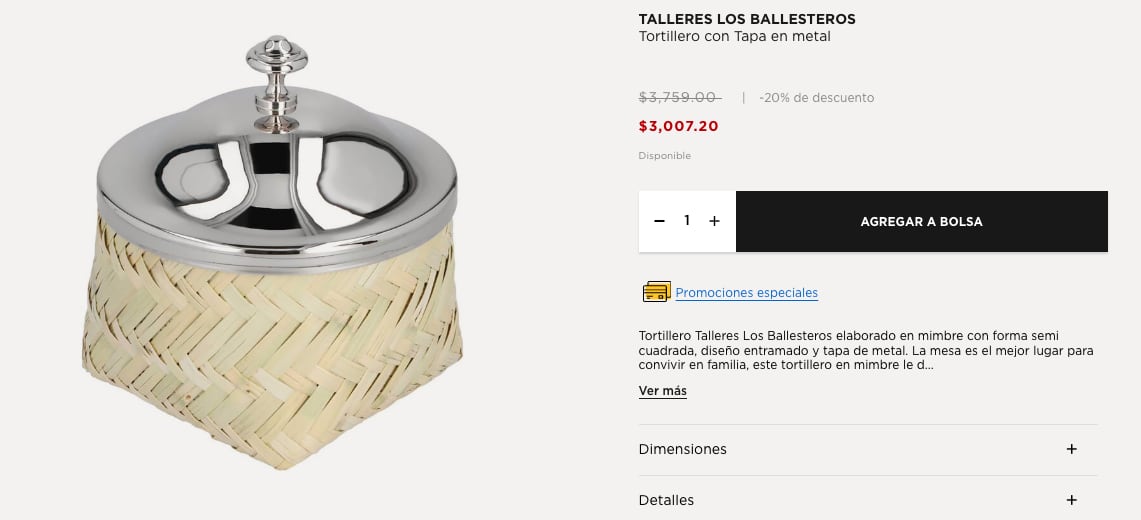 Tortillero de lujo, de Palacio de Hierro, tiene tapa de metal