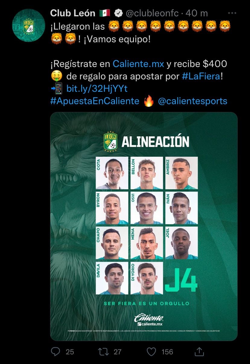 La alineación del Club León frente al Club Chivas.