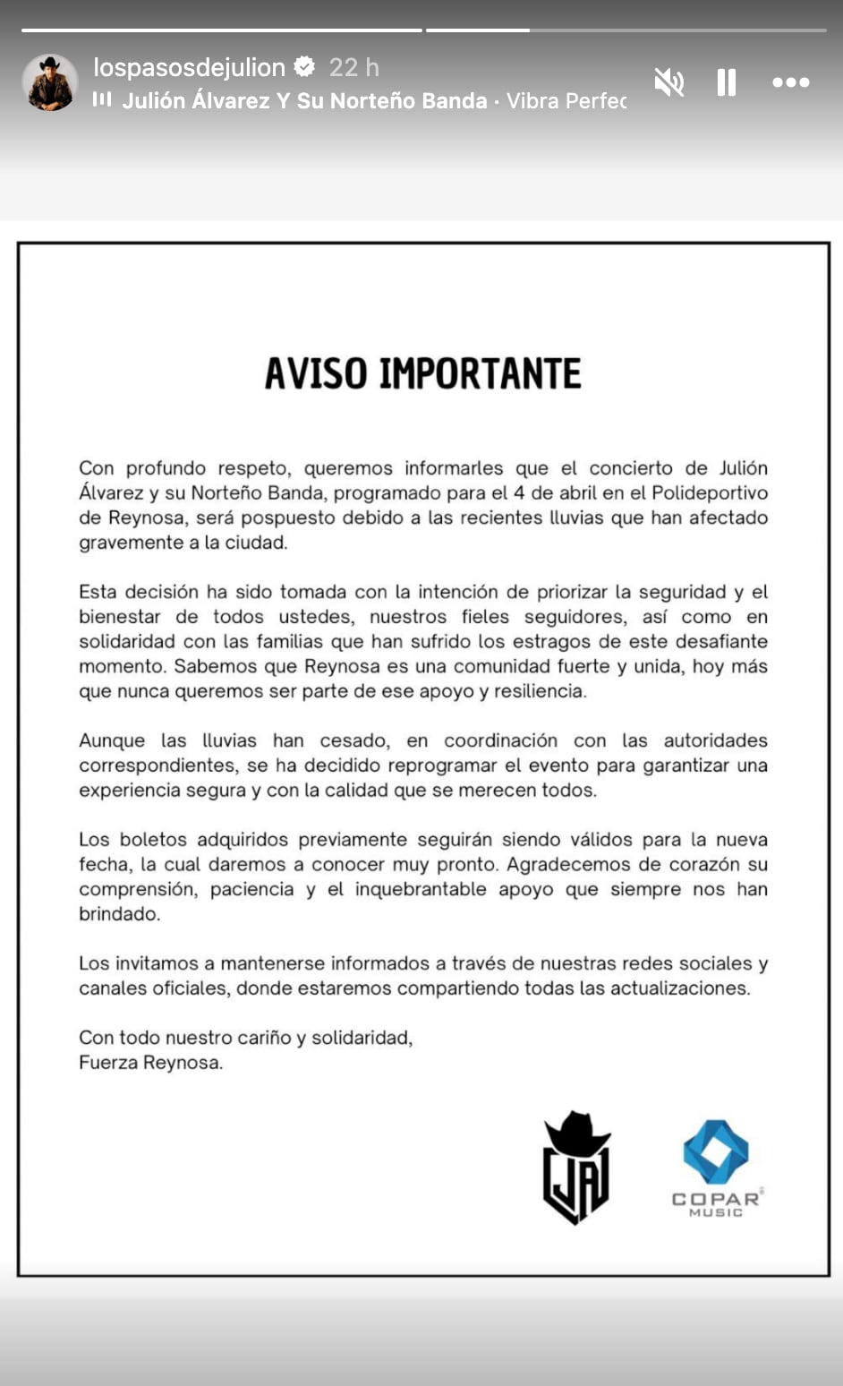 Concierto de Julión Álvarez cambia de fecha por esta triste razón
