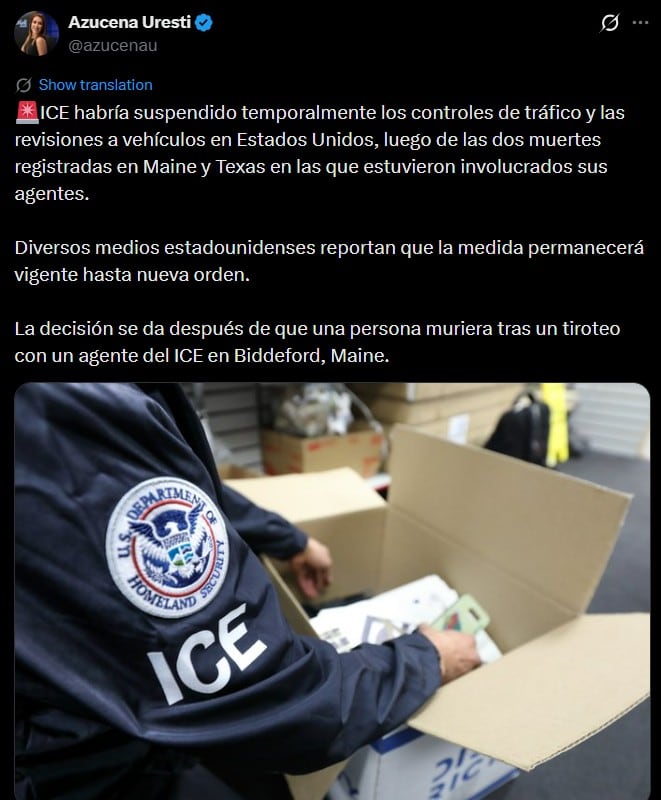ICE pausa operativos de tránsito en Estados Unidos tras muertes que involucran a sus agentes