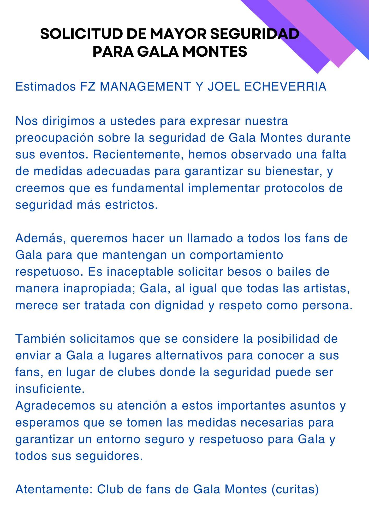 Piden respeto y mayor seguridad para Gala Montes